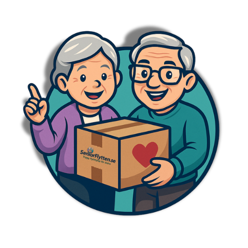 Trygg packhjälp för pensionärer – Seniorflytten illustration Illustration av två glada pensionärer med flyttkartong – symbol för trygg packhjälp och flytthjälp för äldre